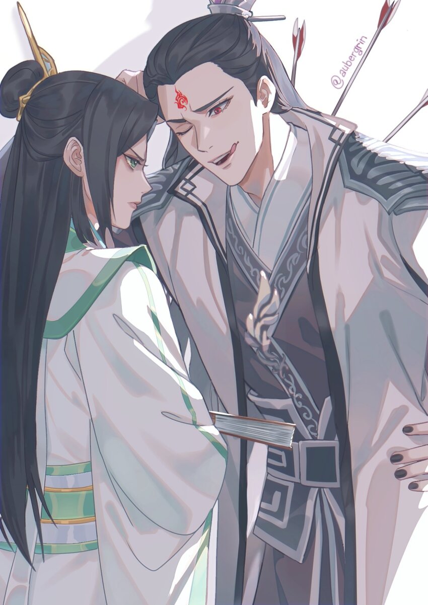 2boys :q androgynous arrow_(projectile) arrow_in_body aubergrin black_hair black_hanfu black_nails chinese_clothes chinese_hairpin closed_mouth commentary english_commentary facial_mark fingernails folding_fan forehead_mark green_eyes green_trim grin hair_bun hand_fan hand_on_own_head hand_on_own_hip hanfu highres holding holding_fan long_hair long_sleeves looking_at_another luo_binghe male_focus multiple_boys one_eye_closed open_clothes open_mouth paper_fan parted_bangs red_eyes renzha_fanpai_zijiu_xitong shen_jiu_(renzha_fanpai_zijiu_xitong) sidelocks simple_background single_hair_bun smile teeth tongue tongue_out upper_teeth_only white_background white_hanfu xiao_guan_(headdress) zhijupao zuiyin