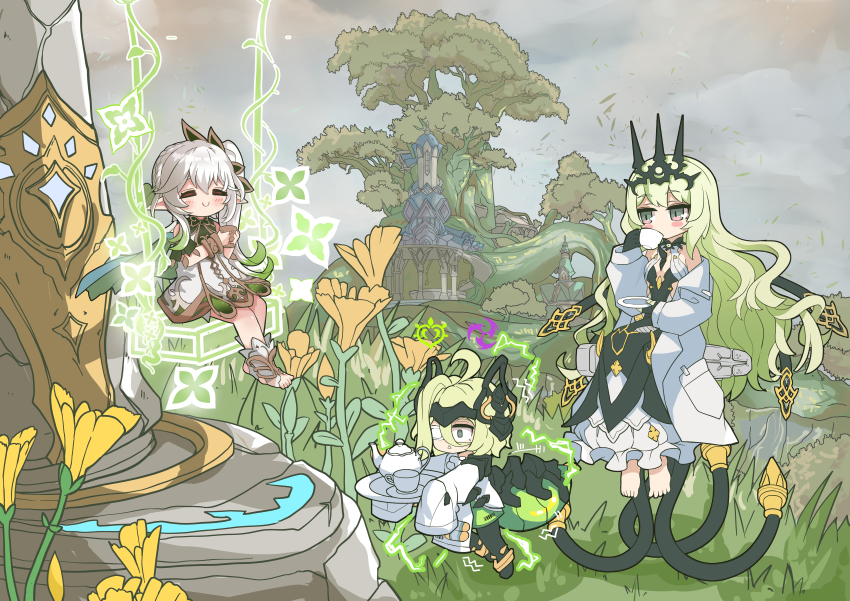 3girls absurdres ahoge bare_shoulders barefoot black_dress black_gloves braid closed_eyes closed_mouth cloud cloudy_sky coat commentary company_connection crossover crown cup dress english_commentary eyepatch flower forest full_body genshin_impact gloves gradient_hair grass green_eyes green_hair grey_hair grey_sky hair_between_eyes hair_ornament highres holding holding_cup holding_plate honkai_(series) honkai_impact_3rd klein_(honkai_impact) lab_coat long_hair long_sleeves medical_eyepatch mihoyo mobius_(honkai_impact) multicolored_hair multiple_girls nahida_(genshin_impact) nature on_swing open_clothes open_coat outdoors plate short_hair side_ponytail single_braid sitting sky sleeves_past_wrists statue_of_the_seven stirrup_legwear swing teacup teapot tiara toeless_legwear toes tree wavy_hair white_coat white_dress white_hair xtacy yellow_flower