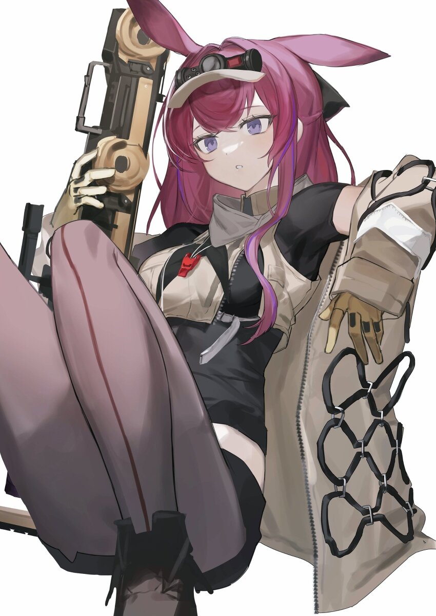 1girl 2naom8q6gt87292 absurdres arknights black_shirt brown_pantyhose commentary feet_out_of_frame gloves hair_intakes highres holding long_hair looking_at_viewer multicolored_hair pantyhose parted_lips pink_hair purple_eyes purple_hair ray_(arknights) revision shirt short_sleeves simple_background single_ear_down solo streaked_hair visor_cap white_background yellow_gloves