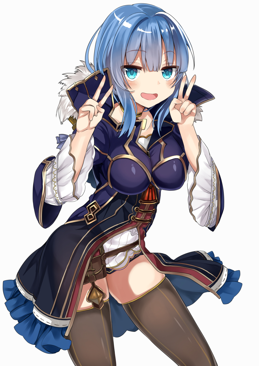 1girl absurdres blue_eyes blue_hair blush breasts brown_thighhighs collarbone double_v dress fam_(grimms_notes) female_focus frilled_cloak frilled_dress frilled_skirt frills grimms_notes highres large_breasts looking_at_viewer open_mouth retsuto skirt smile solo thighhighs thighs v