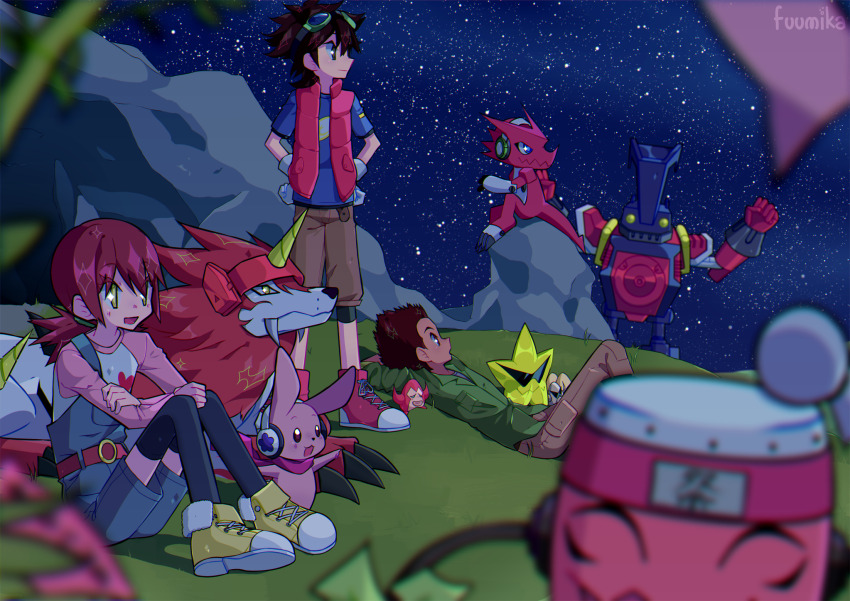 ballistamon cutemon digimon digimon_xros_wars dondokomon dorulumon highres hinomoto_akari kudou_taiki night pickmon shoutmon starmon_(digimon_xros_wars) tagme tsurugi_zenjirou