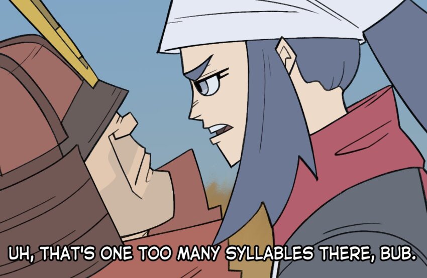 1boy 1girl akari_(pokemon) armor blue_hair closed_mouth commentary crossover day english_commentary english_text from_side give_me_your_hat_(meme) helmet jacket japanese_armor kabuto_(helmet) long_hair looking_at_another meme nintendo open_mouth outdoors pokemon pokemon_legends:_arceus red_headwear red_jacket red_soldier_(tf2) sky soldier_(tf2) subtitled talking team_fortress_2 thef1amethr0wer