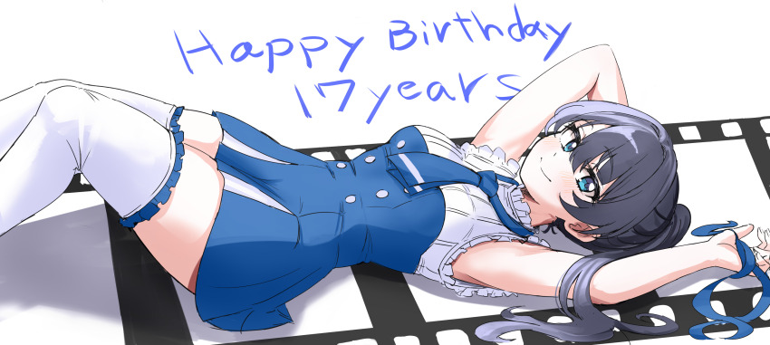 1girl armpits arms_up black_hair blue_dress blue_eyes blue_necktie blue_ribbon blush buttons character_age closed_mouth commentary_request double-breasted dress ereka feet_out_of_frame film_strip frilled_thighhighs frills happy_birthday highres holding holding_ribbon link!_like!_love_live! long_hair love_live! lying murano_sayaka necktie official_alternate_costume on_back pleated_dress ponytail proof_(love_live!) ribbon short_dress simple_background sleeveless sleeveless_dress smile solo split_mouth thighhighs virtual_youtuber white_background white_thighhighs zettai_ryouiki