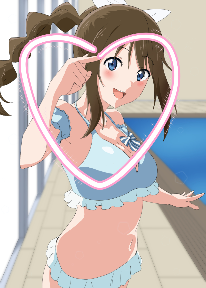 1girl :d absurdres bikini blue_bikini blue_eyes blush bow bow_bikini breasts brown_hair cleavage collarbone commentary_request cowboy_shot drawn_heart frilled_bikini frills highres indoors large_breasts long_hair looking_at_viewer love_live! love_live!_nijigasaki_high_school_idol_club love_live!_nijigasaki_high_school_idol_club_the_movie_-_finale multi-tied_hair navel official_alternate_costume open_mouth osaka_shizuku ponytail pool poolside ren_854 sidelocks smile solo standing stomach swimsuit