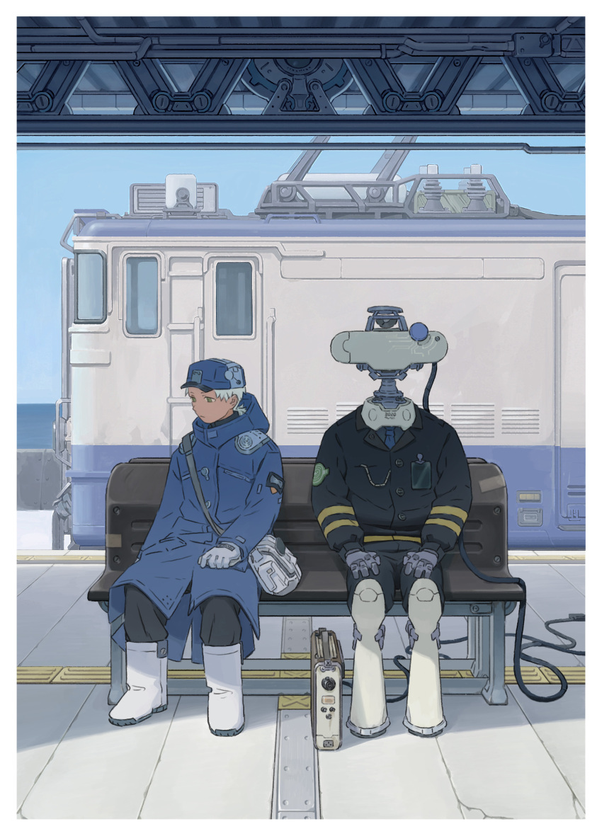 2boys absurdres bag bench black_pants blue_coat blue_hat blue_necktie border chenrong96 closed_mouth coat gloves green_eyes grey_hair hat highres hood hood_down hooded_coat jacket long_sleeves male_focus multiple_boys necktie original pants robot sitting train train_station white_bag white_border white_footwear white_gloves