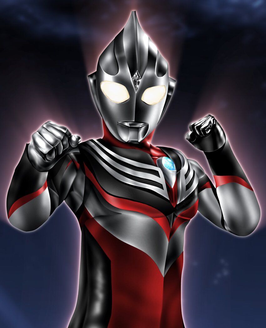 1boy alien armor black_background black_skin blue_background breastplate clenched_hands cloud color_timer colored_skin commentary compound_eyes crystal dark_clouds dark_persona dorsal_fin fighting_stance forehead_jewel glowing glowing_eyes gradient_background grey_skin hands_up hanejidyna86 highres looking_at_viewer male_focus multicolored_skin muscular muscular_male pectorals red_skin solo standing tokusatsu two-tone_background ultra_series ultraman_tiga ultraman_tiga:_the_final_odyssey ultraman_tiga_(series) ultraman_tiga_(tiga_tornado) upper_body white_eyes wrinkled_skin
