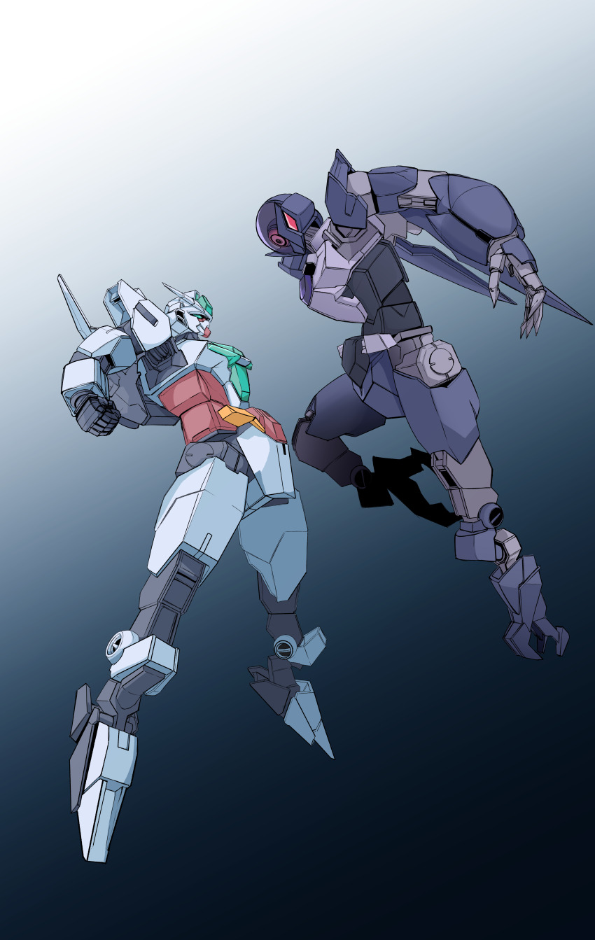 absurdres alus_core_gundam artificial_eye commentary core_gundam_ii flying gundam gundam_build_divers gundam_build_divers_re:rise highres holding holding_beam_saber holding_sword holding_weapon humanoid_robot long_hand looking_at_another mecha mecha_focus mechanical_arms mechanical_eye mechanical_hands mechanical_legs mobile_suit no_humans robot science_fiction simple_background single_mechanical_arm single_mechanical_hand sword two-tone_background user_mhyx7458 weapon