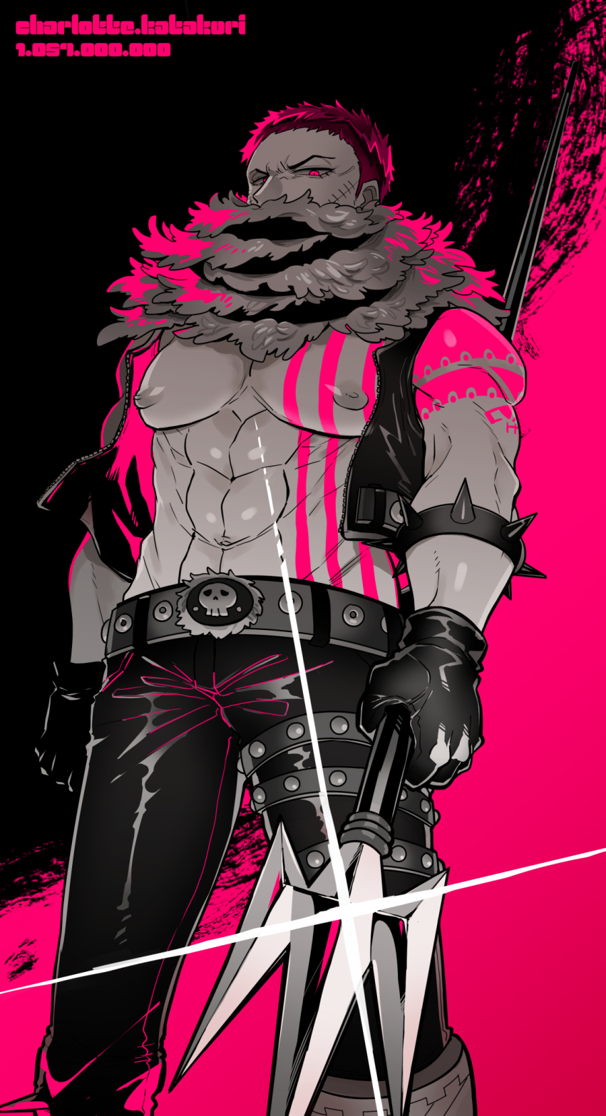 1boy abs armlet bare_shoulders belt belt_buckle black_background buckle character_name charlotte_katakuri chest_tattoo clenched_hand covered_mouth feet_out_of_frame forehead fur_scarf furrowed_brow gleam gloves greyscale highres jewelry kinakotatu leather leather_pants looking_at_viewer male_focus monochrome multiple_belts muscular muscular_male nipples one_eye_closed one_piece open_clothes open_vest pants pectorals pink_background pink_eyes pink_hair short_hair shoulder_tattoo single_ankle_cuff skull solo spiked_armlet spot_color stitched_face stitches studded_belt tattoo two-tone_background vest