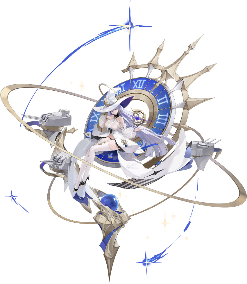 1girl artist_request azur_lane black_footwear black_panties breasts clock detached_sleeves dress earrings full_body guichen_(azur_lane) hand_on_own_chest hat heart heart-shaped_pupils highres iris_libre_(emblem) jewelry large_breasts large_hat light_purple_hair long_hair looking_at_viewer official_art panties puffy_sleeves purple_eyes rigging roman_numeral see-through_clothes see-through_sleeves sideboob solo symbol-shaped_pupils thighhighs underwear very_long_hair white_dress white_hat white_theme white_thighhighs witch_hat