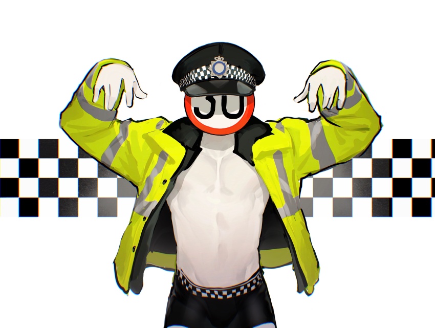 1boy absurdres arms_up black_hat black_male_underwear briefs checkered_background commentary english_commentary facing_viewer ghost_k1n hat headwear_request high-visibility_clothing high-visibility_jacket highres jacket long_sleeves male_focus male_underwear no_shirt object_head original road_sign sign solo speed_limit_sign underwear upper_body white_background yellow_jacket