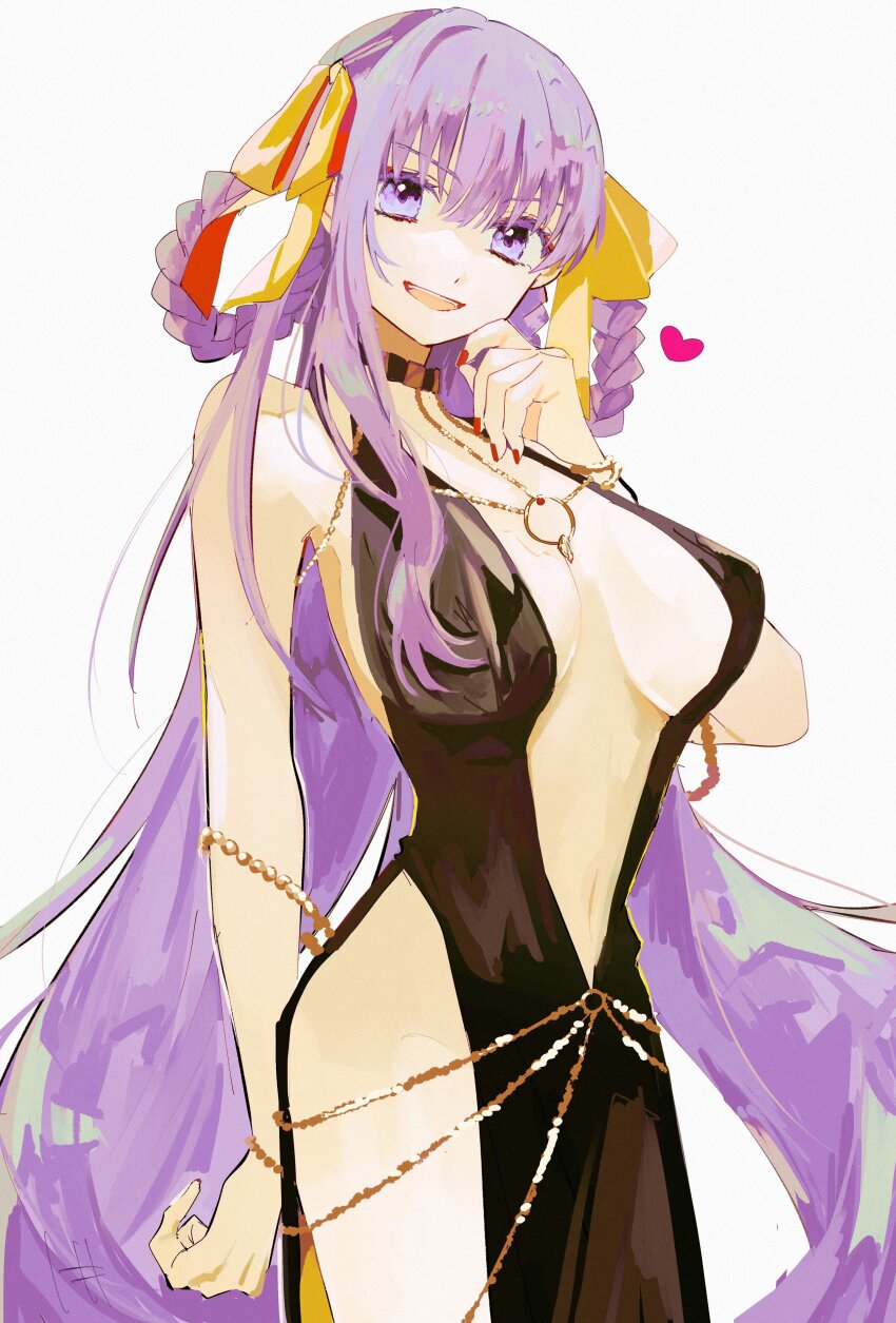 1girl absurdres arm_at_side bare_shoulders bb_(fate) bb_dubai_(fate) belly_chain black_dress body_chain braid braided_hair_rings breasts center_opening chain cleavage colored_eyelashes cowboy_shot dress fate/grand_order fate_(series) gold_chain hair_between_eyes hair_ribbon hair_rings halter_dress halterneck hand_up heart highres jewelry large_breasts long_hair looking_at_viewer nail_polish navel open_mouth purple_eyes purple_hair red_nails ribbon side_slit simple_background sleeveless sleeveless_dress smile solo teeth upper_teeth_only urtk07 white_background yellow_ribbon