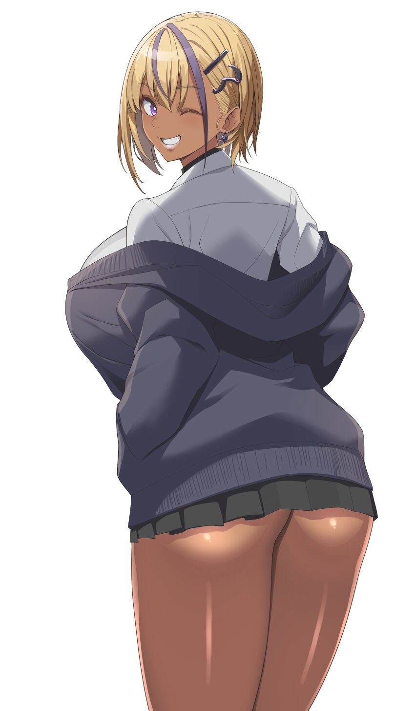 1girl absurdres black_skirt blonde_hair breasts bright_pupils cardigan collared_shirt dark-skinned_female dark_skin earrings from_behind grey_cardigan hair_ornament highres huge_breasts jewelry kloah lips looking_back multicolored_hair one_eye_closed original pleated_skirt purple_eyes purple_hair school_uniform shinokami_xatiii shirt short_hair skirt smile solo streaked_hair white_background white_pupils white_shirt