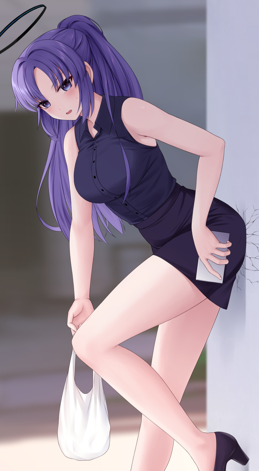 1girl absurdres alternate_costume bag black_footwear black_shirt black_skirt blue_archive blush breasts buttons cellphone chien_zero collared_shirt commentary crack cracked_wall halo high_heels highres holding holding_phone long_hair looking_at_viewer medium_breasts open_mouth phone plastic_bag ponytail purple_eyes purple_hair revision shirt skirt sleeveless sleeveless_shirt smartphone solo yuuka_(blue_archive)
