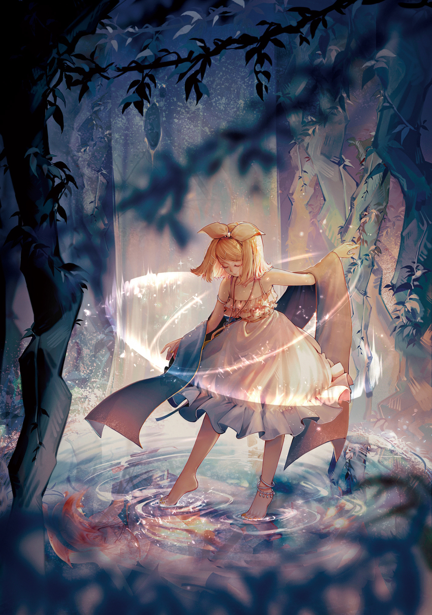1girl anklet arm_up bare_shoulders barefoot blonde_hair blurry blurry_foreground bow closed_eyes closed_mouth commentary_request dress facing_viewer frilled_dress frills full_body hair_bow hair_ornament hairband hairclip highres jewelry kagamine_rin medium_hair multicolored_background musical_note necklace open_hands plant sleeveless sleeveless_dress solo standing stepcacc swept_bangs tiptoes vines vocaloid wading water white_bow white_dress