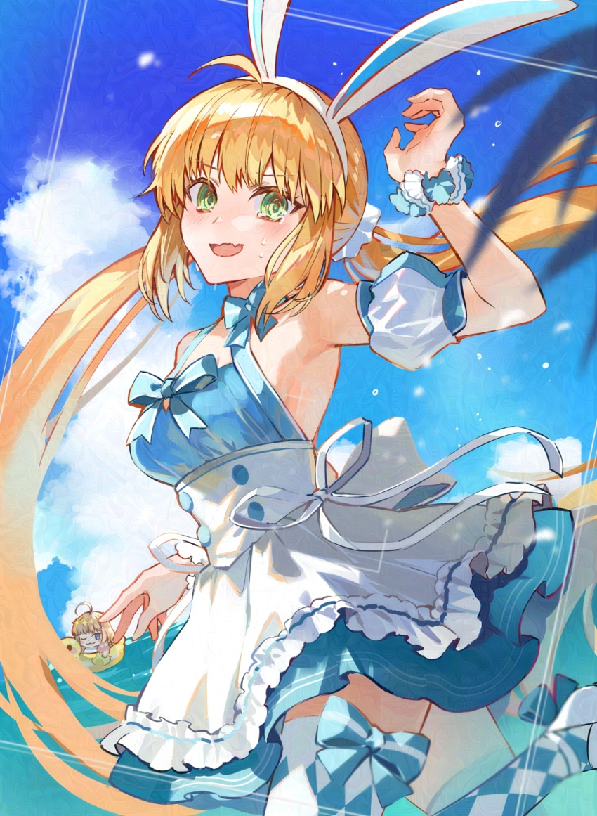 1boy 1girl ahoge animal_ear_hairband animal_ears argyle_clothes argyle_legwear argyle_thighhighs artoria_caster_(fate) artoria_caster_(swimsuit)_(fate) artoria_caster_(swimsuit)_(second_ascension)_(fate) artoria_caster_(swimsuit_berserker)_(fate) artoria_caster_(swimsuit_berserker)_(second_ascension)_(fate) artoria_pendragon_(fate) bare_shoulders beach blonde_hair blue_dress blue_thighhighs blush bow bow_legwear breasts checkered_thighhighs chibi cowboy_shot dress dress_bow fake_animal_ears fate/grand_order fate_(series) food fruit green_eyes hairband highres long_hair looking_at_viewer medium_breasts nervous_sweating oberon_(fate) outdoors pineapple pineapple_slice poppoman puffy_short_sleeves puffy_sleeves rabbit_ears short_sleeves smile solo_focus striped_clothes striped_thighhighs sweat tearing_up thighhighs twintails two-tone_thighhighs vertical-striped_clothes vertical-striped_thighhighs