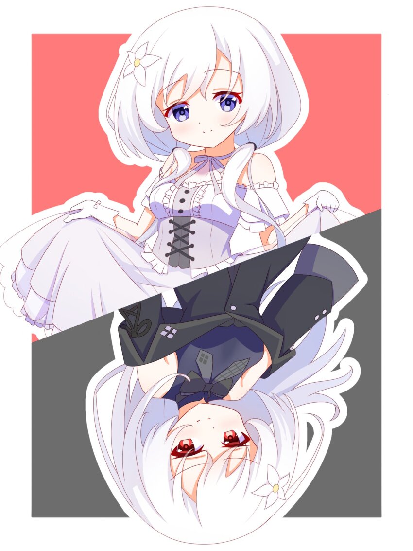 1girl arms_at_sides assault_lily bare_shoulders black_jacket blue_eyes blue_shirt blush border bow bowtie choker closed_mouth commentary_request cosplay cross-laced_clothes cross-laced_dress dress flower frilled_dress frills glove_bow gloves grey_background grey_bow grey_bowtie grey_choker grey_dress grey_ribbon hair_flower hair_ornament highres jacket long_hair long_sleeves looking_at_viewer multiple_views neck_ribbon off-shoulder_dress off_shoulder outline outside_border red_background red_eyes ri_(pikatexiu_106) ribbon ribbon_choker sasaki_ran sasaki_ran_(cosplay) shiozaki_suzume shirt short_sleeves skirt_hold sleeveless sleeveless_shirt sleeves_past_fingers sleeves_past_wrists smile toki_kureha toki_kureha_(cosplay) two-tone_dress upside-down white_border white_dress white_flower white_gloves white_hair white_outline