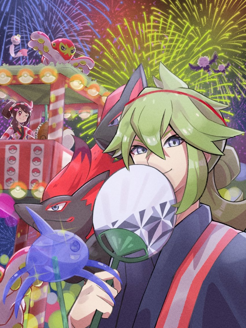 1boy 1girl alternate_color blue_eyes brown_hair chimecho drum fireworks gen_3_pokemon gen_5_pokemon gen_8_pokemon grapploct green_hair hand_fan highres hilda_(pokemon) hilda_(summer_2022)_(pokemon) inana_umi instrument japanese_clothes kimono lantern mask mask_on_head n_(pokemon) n_(summer_2022)_(pokemon) night nintendo official_alternate_costume poke_ball poke_ball_(basic) poke_ball_symbol pokemon pokemon_(creature) pokemon_masters_ex rufflet shiny_pokemon smile surskit taiko_drum wings zoroark
