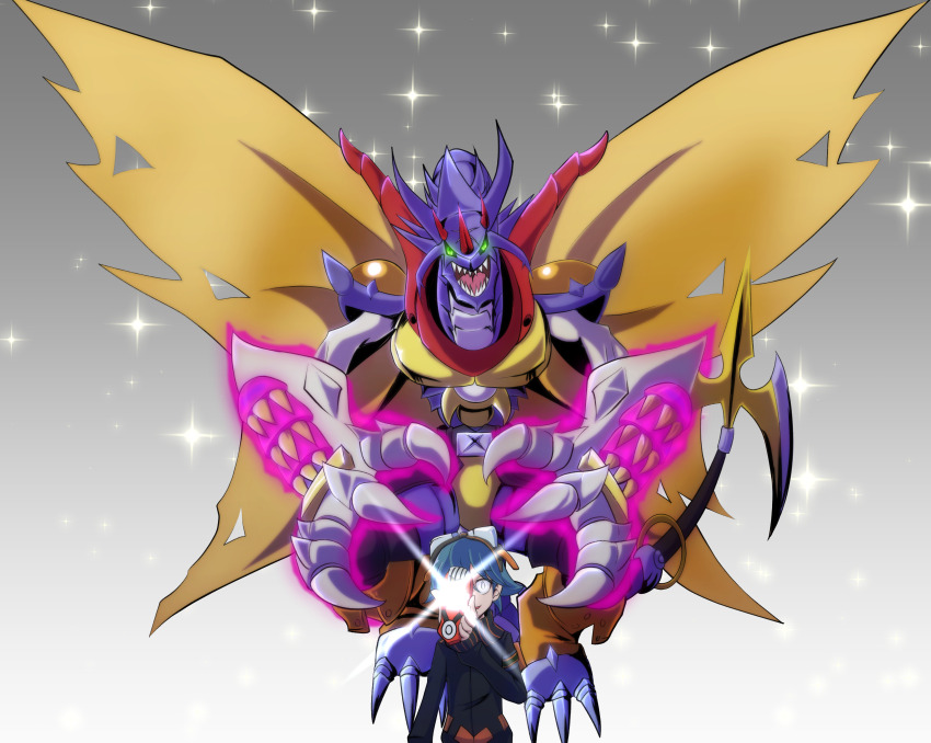 absurdres arresterdramon_superior_mode digimon digimon_(creature) goggles goggles_on_head green_eyes highres sharp_teeth taiga_(digimon) teeth wings