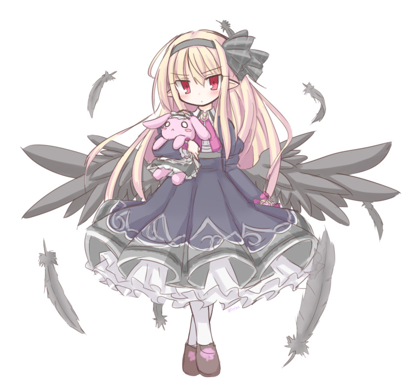 1girl black_dress black_ribbon black_wings blonde_hair dark_feather_alma dress emil_chronicle_online frilled_dress frills frr_(akf-hs) hair_ribbon hairband highres holding holding_stuffed_toy pointy_ears red_eyes ribbon standing stuffed_toy white_background wings