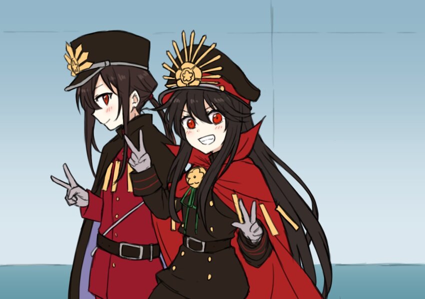 1boy 1girl :d belt black_belt black_cape black_hair black_hat black_jacket brother_and_sister buttons cape closed_mouth collared_cape commentary cowboy_shot crest double-breasted double_v family_crest fate/grand_order fate_(series) gloves grey_gloves grin hair_between_eyes hands_up hat high_collar indoors jacket kepi light_blush long_hair long_sleeves looking_at_viewer medallion military_hat military_jacket military_uniform oda_nobukatsu_(fate) oda_nobunaga_(fate) oda_uri open_mouth peaked_cap ponytail popped_collar profile red_cape red_eyes red_jacket siblings sidelocks smile teramoto_kei v v-shaped_eyebrows very_long_hair