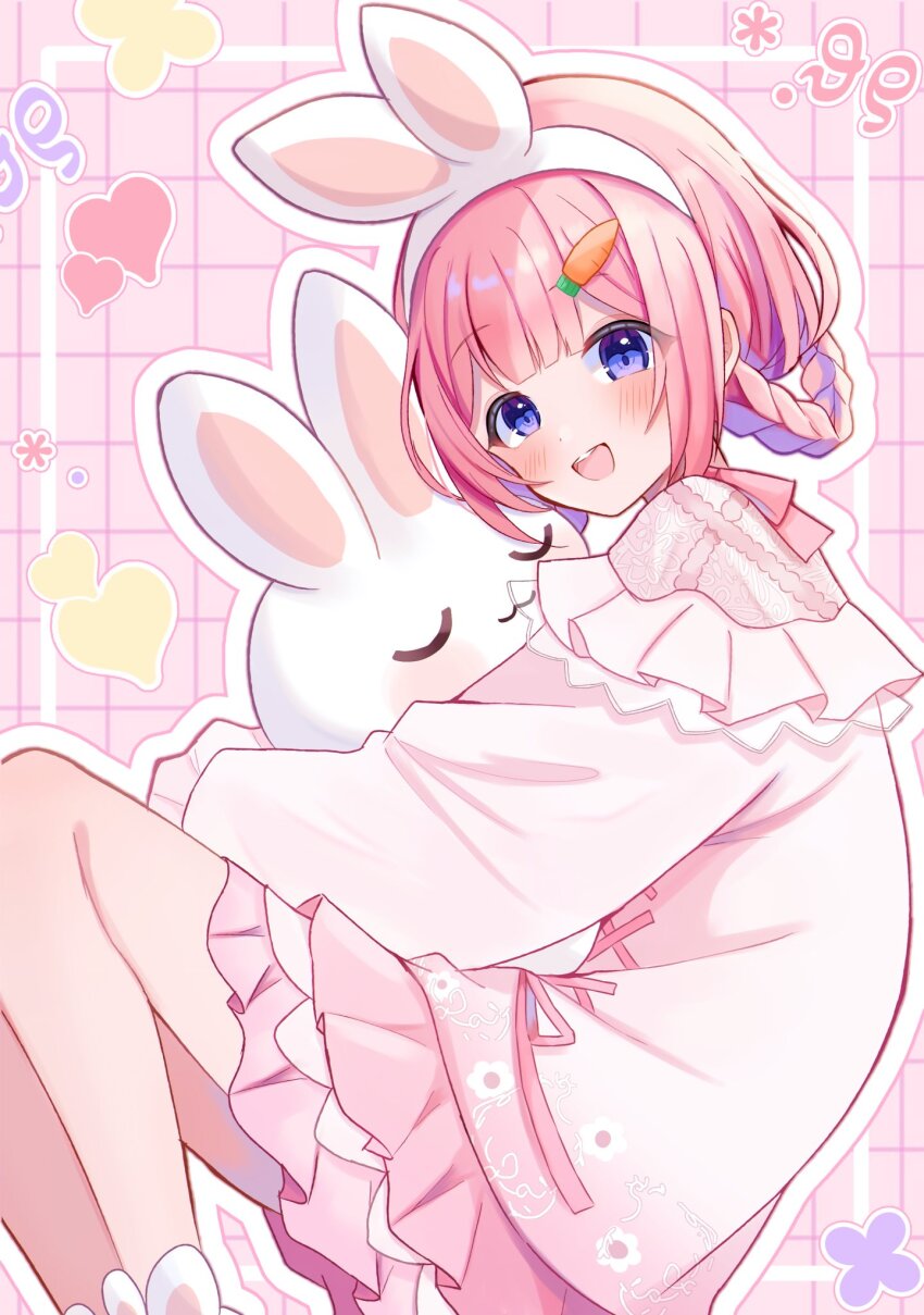 1girl animal_ear_hairband animal_ears blue_eyes blush braid carrot_hair_ornament fake_animal_ears food-themed_hair_ornament frilled_shirt frills gumi_(framboise_5204) hair_ornament hairband heart highres looking_at_viewer nijisanji open_mouth outline pink_hair shirt solo stuffed_animal stuffed_rabbit stuffed_toy suo_sango suo_sango_(2nd_costume) teeth upper_teeth_only virtual_youtuber white_outline