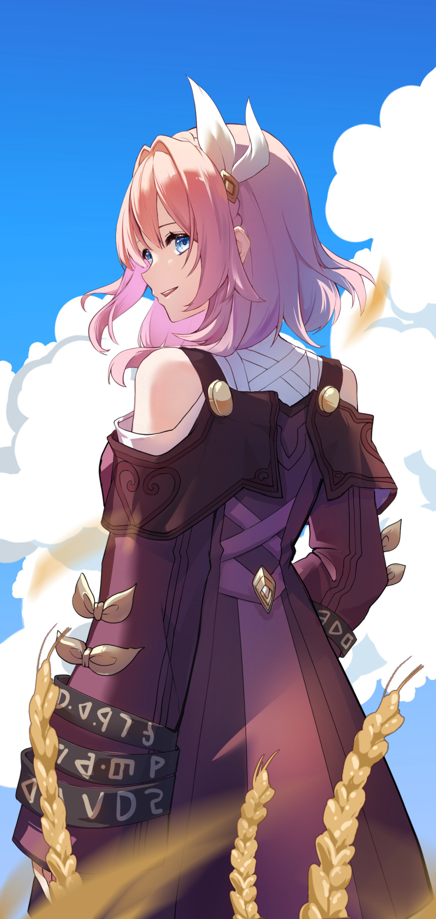 1girl absurdres blue_eyes blue_sky cloud coat cyrene_(honkai:_star_rail) from_behind hair_ornament highres honkai:_star_rail honkai_(series) jingxinzhiyun medium_hair missing_commentary outdoors parted_lips pink_hair purple_coat sky smile solo wheat