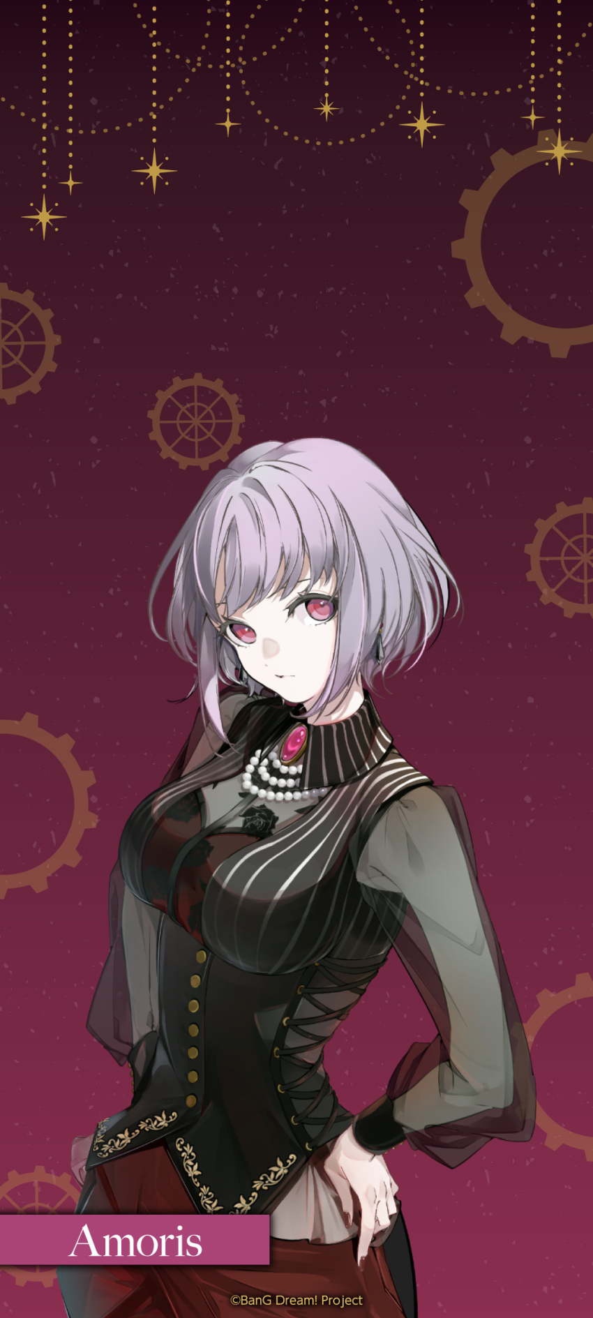 1girl absurdres amoris_(bang_dream!) bang_dream! bang_dream!_it&#039;s_mygo!!!!! black_vest breasts character_name closed_mouth commentary_request earrings highres jewelry long_sleeves looking_at_viewer medium_breasts official_art pink_brooch pink_eyes purple_hair see-through_clothes see-through_sleeves short_hair solo vest yuutenji_nyamu