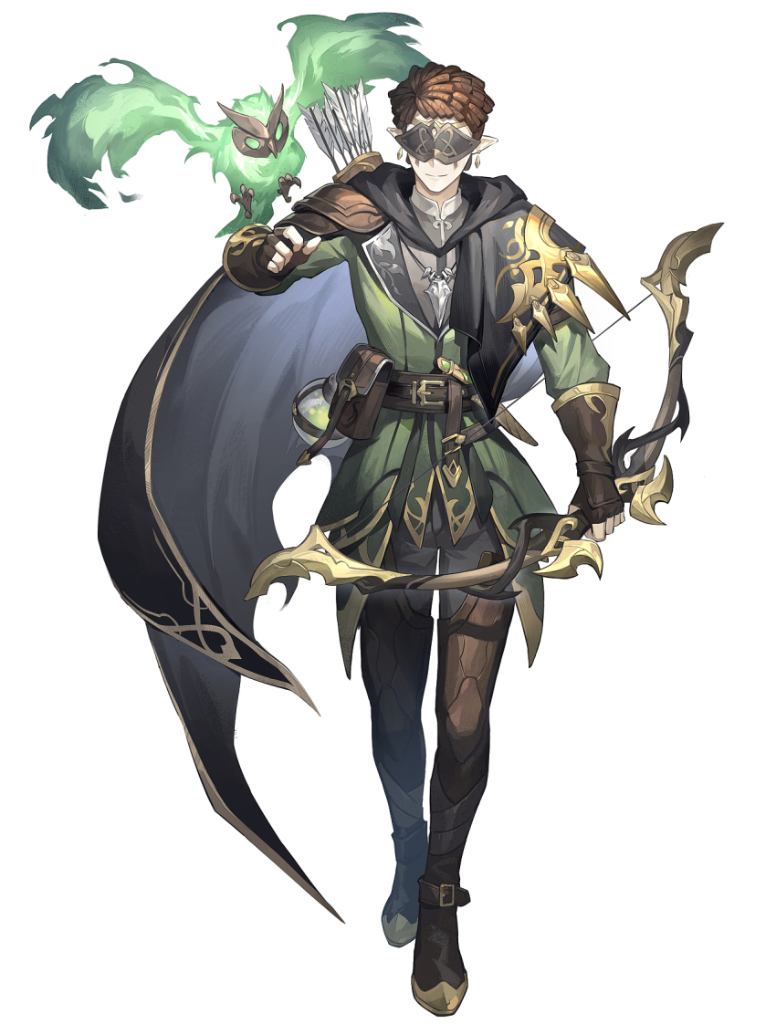 1boy alternate_costume armor arrow_(projectile) belt belt_buckle belt_pouch bird black_cape black_gloves black_pants boots bow_(weapon) brown_belt brown_boots brown_hair buckle cape covered_eyes dagger earrings eli_clark facial_mark facing_viewer fingerless_gloves flask floating_earrings full_body gloves green_jacket grey_shirt half_mask hand_up highres holding holding_bow_(weapon) holding_weapon identity_v jacket jewelry knife knife_sheath light_particles long_sleeves majimaji_studio male_focus mandarin_collar mask owl pants pendant pointy_ears pouch quiver round-bottom_flask sheath shirt short_bangs short_hair shoulder_armor simple_background smile solo spirit standing thigh_boots weapon white_background