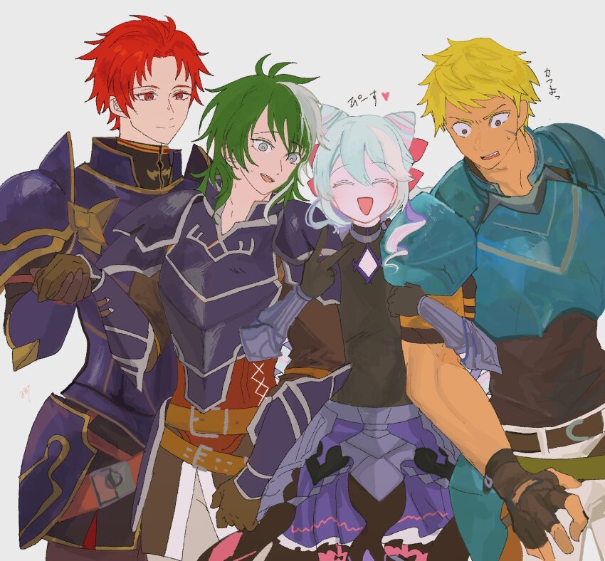 4boys armor blonde_hair commentary cone_hair_bun cormag_(fire_emblem) dark-skinned_male dark_skin facial_scar fingerless_gloves fire_emblem fire_emblem:_the_binding_blade fire_emblem:_the_blazing_blade fire_emblem:_the_sacred_stones fire_emblem_engage gloves green_hair hair_bun heath_(fire_emblem) highres in-franchise_crossover male_focus multicolored_hair multiple_boys nintendo red_eyes red_hair rosado_(fire_emblem) sasaki_(dkenpisss) scar scar_on_cheek scar_on_face short_hair simple_background smile streaked_hair symbol-only_commentary trap v white_background zeiss_(fire_emblem)