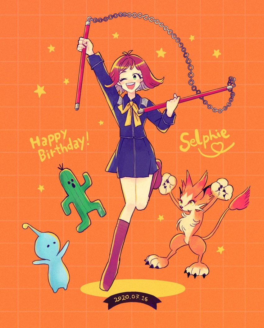 1girl blue_shirt blue_sky boots bow brown_hair curly_hair final_fantasy final_fantasy_viii full_body green_eyes highres holding holding_weapon moomba neck_ribbon nobu_(25mark) nunchaku one_eye_closed open_mouth orange_background ribbon sabotender seed_uniform_(ff8) selphie_tilmitt shirt short_hair skipping sky smile square_enix star_(symbol) weapon wink yellow_bow
