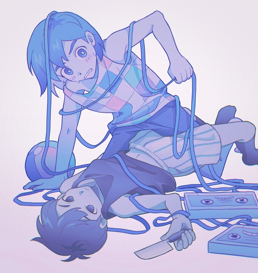 2boys ball black_eyes black_hair black_socks blush bright_pupils bskrf_vc colored_skin entangled highres holding holding_knife kel_(headspace)_(omori) kel_(omori) knife lying male_focus mixtape_(omori) multiple_boys navel omori omori_(omori) on_back parted_lips purple_eyes purple_hair short_hair shorts socks sweat tank_top teeth white_pupils white_skin