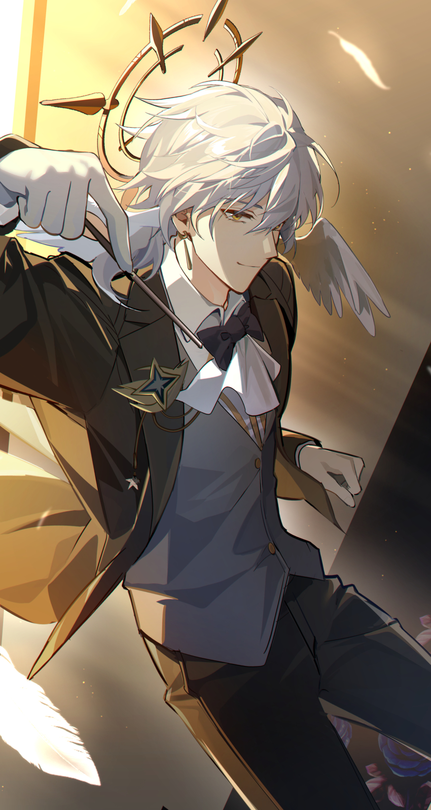1boy absurdres ascot black_bow black_bowtie black_jacket black_pants bow bowtie closed_mouth commentary conductor_baton eucha feathers grey_hair grey_vest halo head_wings highres holding_baton honkai:_star_rail honkai_(series) jacket male_focus medium_hair pants smile solo sunday_(honkai:_star_rail) vest white_ascot white_feathers wings yellow_eyes
