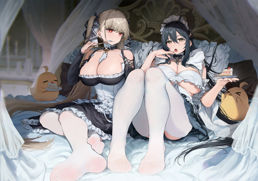 &gt;_&lt; 2girls =_= ahoge aochoku arm_garter azur_lane bed between_breasts black_dress black_hair black_skirt blurry blurry_background bow bowtie breasts brown_hair cake cake_slice canopy_bed cleavage closed_mouth clothing_cutout commentary commentary_request curtains detached_collar dress earrings feet food fork formidable_(azur_lane) full_body green_eyes hair_spread_out highres holding holding_cake holding_food holding_fork indomitable_(azur_lane) indomitable_(ms._motivationless_maid)_(azur_lane) indoors jewelry knees_up large_breasts legs long_hair long_sleeves looking_at_another looking_at_viewer maid_headdress manjuu_(azur_lane) multiple_girls necktie necktie_between_breasts no_shoes official_alternate_costume on_bed open_mouth pantyhose pillow plate red_eyes revealing_clothes shadow shoulder_cutout sidelocks sitting skirt symbol-only_commentary thighhighs thighs toes twintails underboob very_long_hair white_pantyhose white_thighhighs yokozuwari