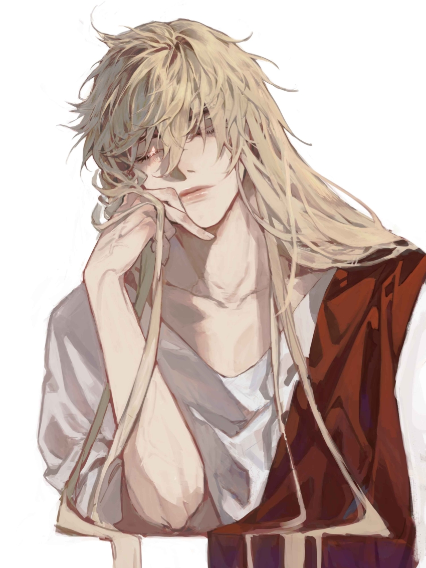 1boy absurdres blonde_hair closed_eyes closed_mouth collarbone elbow_rest facing_viewer hair_over_shoulder head_rest head_tilt highres long_hair long_sidelocks male_focus messy_hair red_sash saint_seiya sash shirt sidelocks simple_background solo straight-on swept_bangs upper_body virgo_shaka white_background white_shirt xiangnanhuai