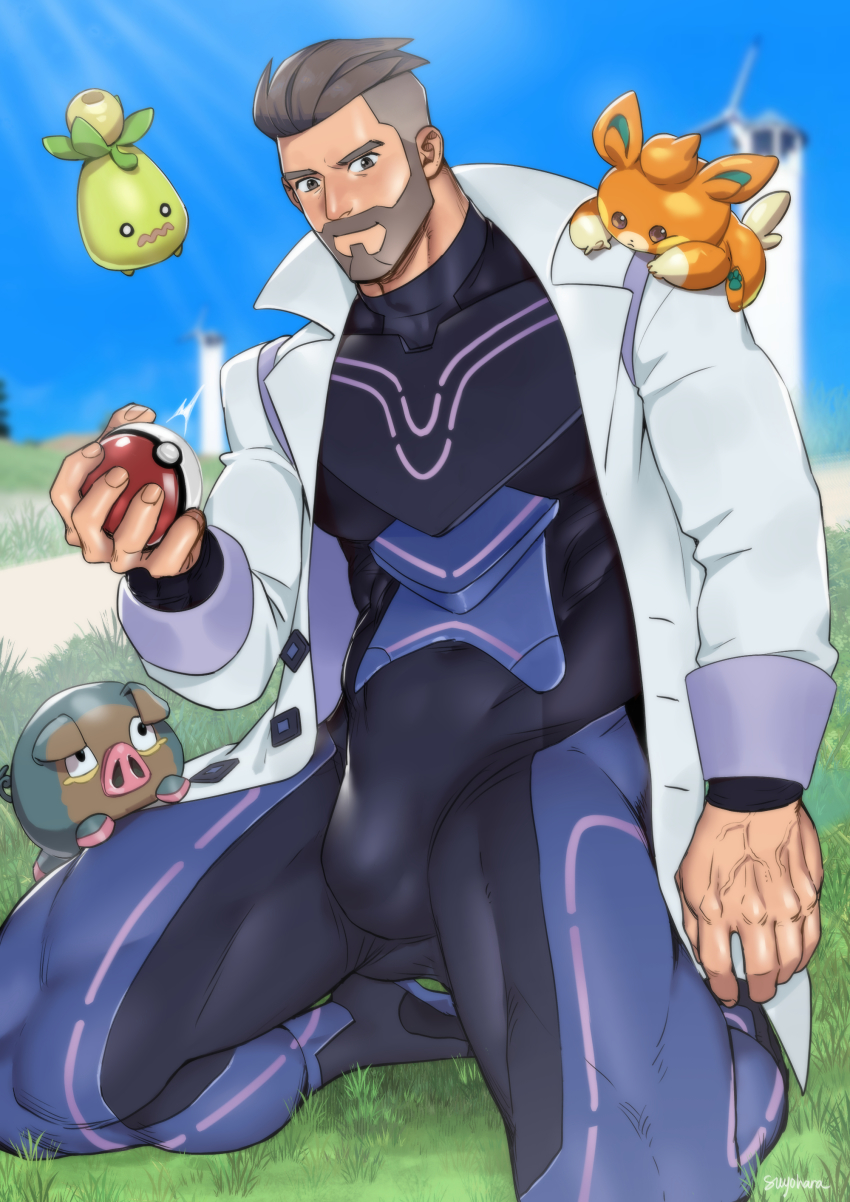 1boy absurdres bara beard black_bodysuit bodysuit bulge closed_mouth coat creatures_(company) facial_hair game_freak highres holding holding_poke_ball kneeling lab_coat large_pectorals lechonk looking_at_viewer male_focus multicolored_bodysuit muscular muscular_male nintendo open_clothes open_coat outdoors pawmi pectorals pink_bodysuit poke_ball pokemon pokemon_(creature) pokemon_sv purple_bodysuit short_hair sky smoliv suyohara turo_(pokemon) undercut