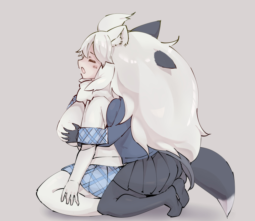 2girls animal_ears behind_another big_hair bird_witch bodystocking breasts deep_skin fox_ears fox_girl fox_tail from_side full_body fur_collar furrowed_brow gloves grabbing_another&#039;s_breast grabbing_from_behind grey_background groping highres huge_breasts jacket kemono_friends kneeling layered_sleeves lion_ears lion_girl long_hair long_sleeves miniskirt multiple_girls necktie pantyhose plaid_clothes plaid_necktie plaid_neckwear plaid_skirt plaid_sleeves plaid_trim shirt short_over_long_sleeves short_sleeves silver_fox_(kemono_friends) simple_background sitting skirt tail very_long_hair white_hair white_lion_(kemono_friends) yuri