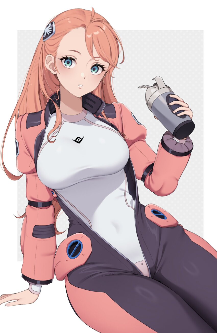 1girl aida_rayhunton arm_support blue_eyes bodysuit border breasts campbell_xx center_opening commentary_request covered_navel grey_background gundam gundam_g_no_reconguista hairpods hand_up highres holding_tumbler large_breasts long_hair looking_at_viewer mecha_pilot_suit orange_hair outside_border pink_bodysuit sitting solo tumbler white_bodysuit white_border