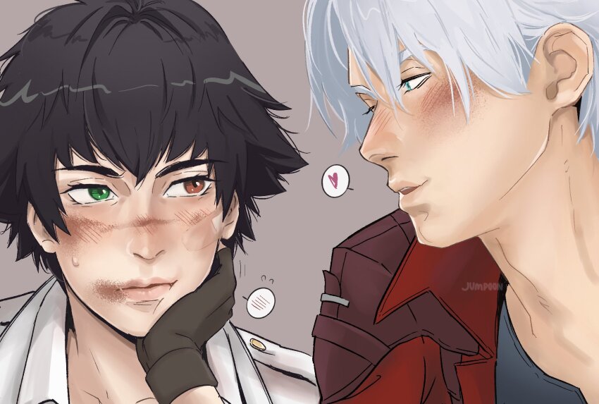 1boy 1girl artist_name black_hair blue_eyes blush brown_gloves dante_(devil_may_cry) devil_may_cry_(netflix) devil_may_cry_(series) gloves green_eyes heart heterochromia highres jumpoon lady_(devil_may_cry) red_eyes white_hair