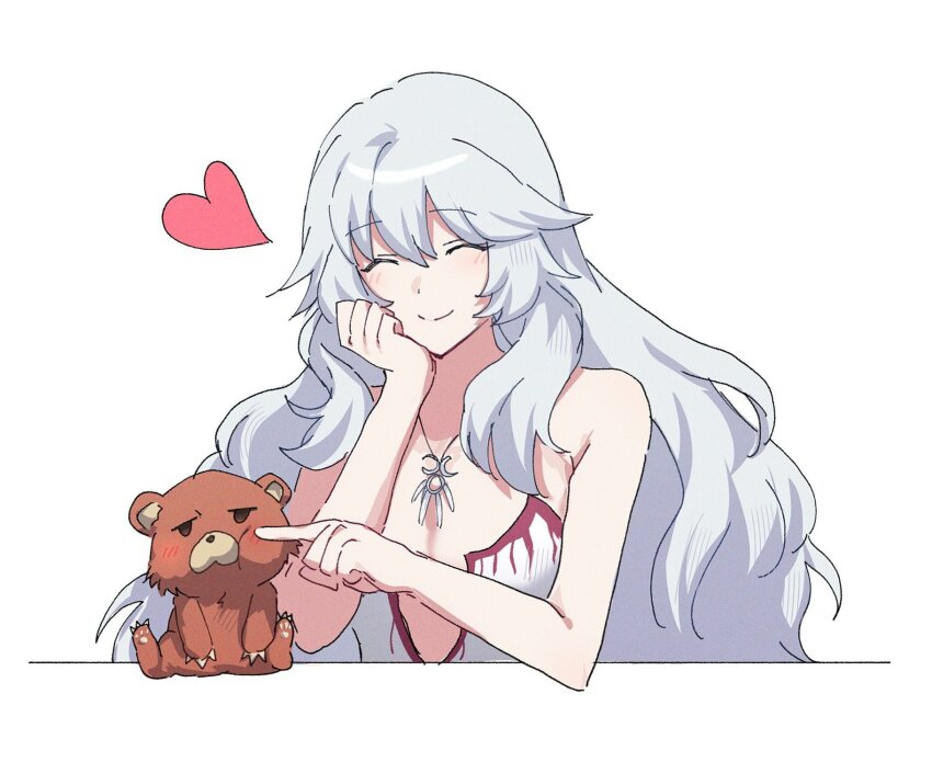 1boy 1girl artemis_(fate) blush breasts cleavage closed_eyes closed_mouth commentary_request dress fate/grand_order fate_(series) heart highres jewelry korean_commentary long_hair necklace nekwnek orion_(bear)_(fate) pointing simple_background sitting smile stuffed_animal stuffed_toy teddy_bear very_long_hair wavy_hair white_background white_dress white_hair