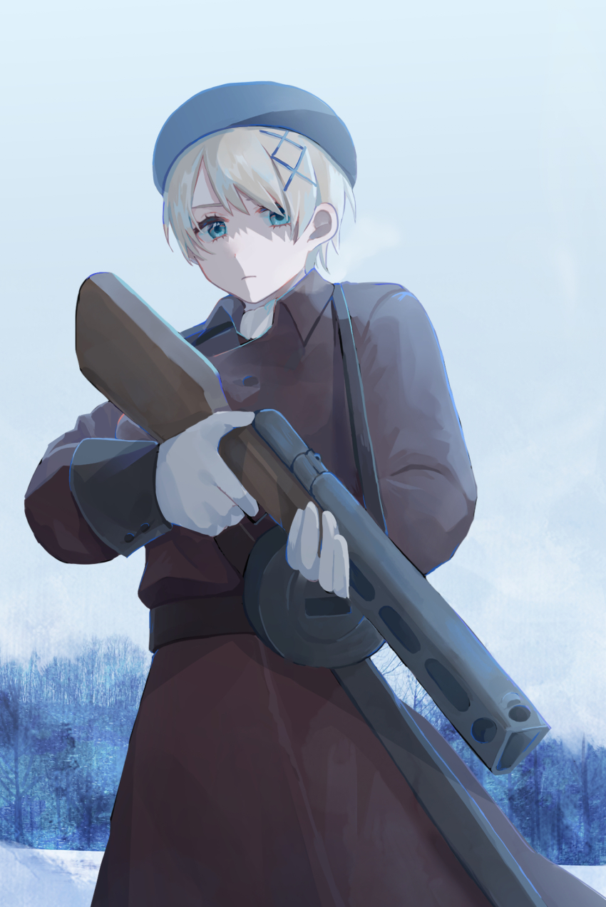 1girl ascot axis_powers_hetalia belt beret black_belt blonde_hair blue_hat brown_coat buttons closed_mouth coat collared_coat commentary_request cowboy_shot day forest green_eyes gun hair_between_eyes hair_ornament hat highres himoon666 holding holding_gun holding_weapon kalashnikov_rifle long_sleeves looking_at_viewer nature outdoors short_hair sky snow solo standing tree ukraine_(hetalia) very_short_hair weapon white_ascot white_sky winter x_hair_ornament