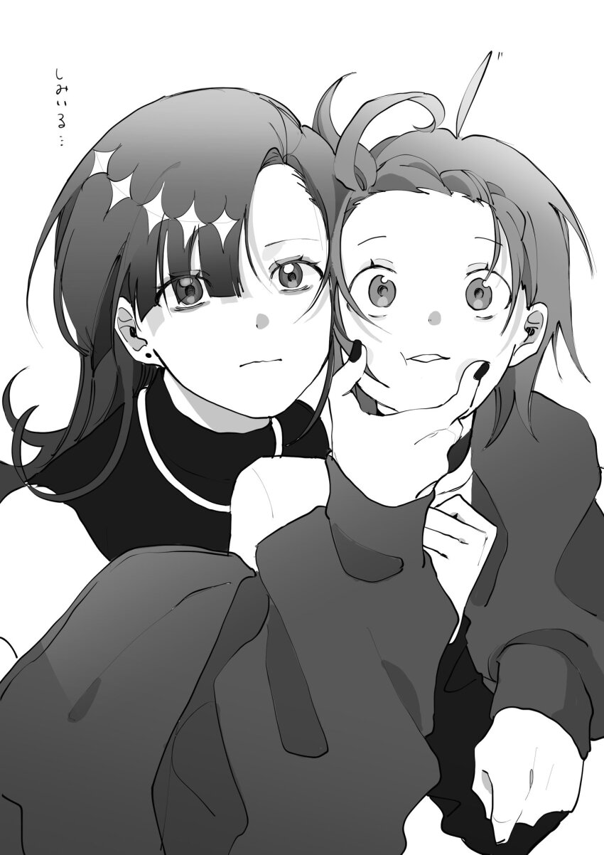 2girls arm_around_shoulder asymmetrical_bangs blunt_bangs braid cheek_pinching expressionless greyscale highres jacket jewelry looking_at_viewer medalist_(manga) monochrome multiple_girls necklace off_shoulder okazaki_iruka pinching shirt sleeveless sleeveless_shirt umimi_030 wide-eyed yuitsuka_inori