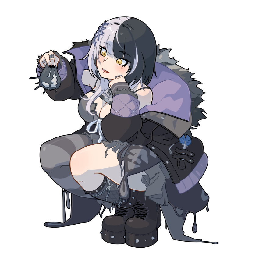 1girl absurdres black_boots black_coat black_dress black_hair black_nails black_thighhighs boots breasts cleavage coat dress fur-trimmed_coat fur_trim grey_hair highres hololive hololive_english jewelry large_breasts long_hair morningpanda multicolored_hair open_mouth purple_coat ribbon ring shiori_novella shiori_novella_(1st_costume) single_thighhigh solo split-color_hair squatting striped_clothes striped_thighhighs thighhighs transparent_background two-sided_coat two-sided_fabric two-tone_hair virtual_youtuber white_ribbon yellow_eyes yorick_(shiori_novella)