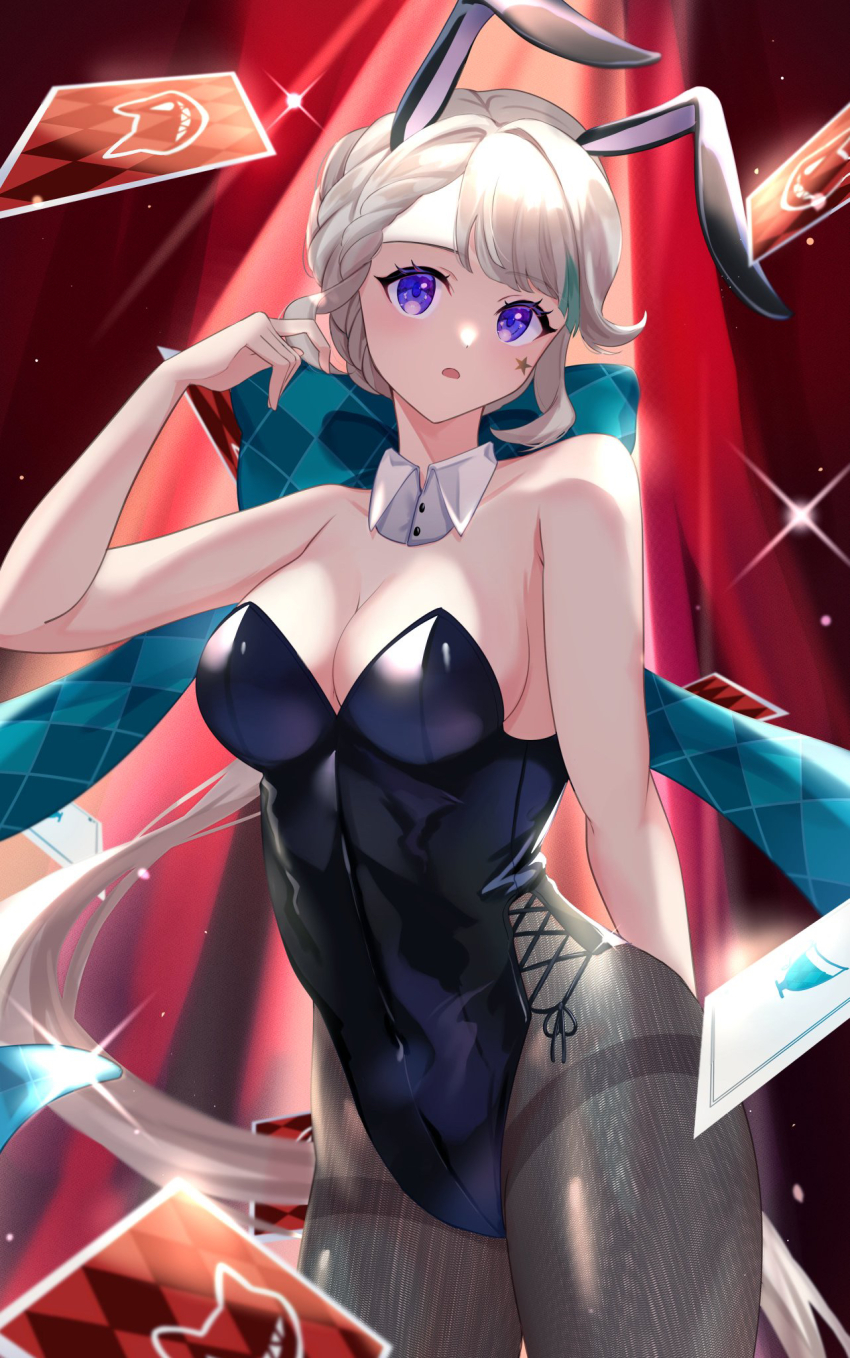 1girl animal_ears aqua_bow aqua_hair bare_shoulders black_leotard black_pantyhose blonde_hair bow braid breasts card facial_mark genshin_impact highres leotard long_hair lynette_(genshin_impact) marufus medium_breasts multicolored_hair open_mouth pantyhose playboy_bunny purple_eyes rabbit_ears solo star_(symbol) star_facial_mark