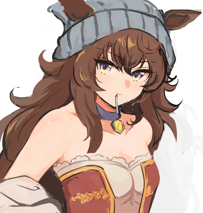 1girl absurdres animal_ears bare_shoulders beanie brown_hair candy collarbone food hair_between_eyes hat highres horse_ears horse_girl horse_tail jewelry lollipop nakayama_festa_(umamusume) necklace partially_undressed purple_eyes shimura_(hosshi) solo starting_future_(umamusume) tail umamusume white_background