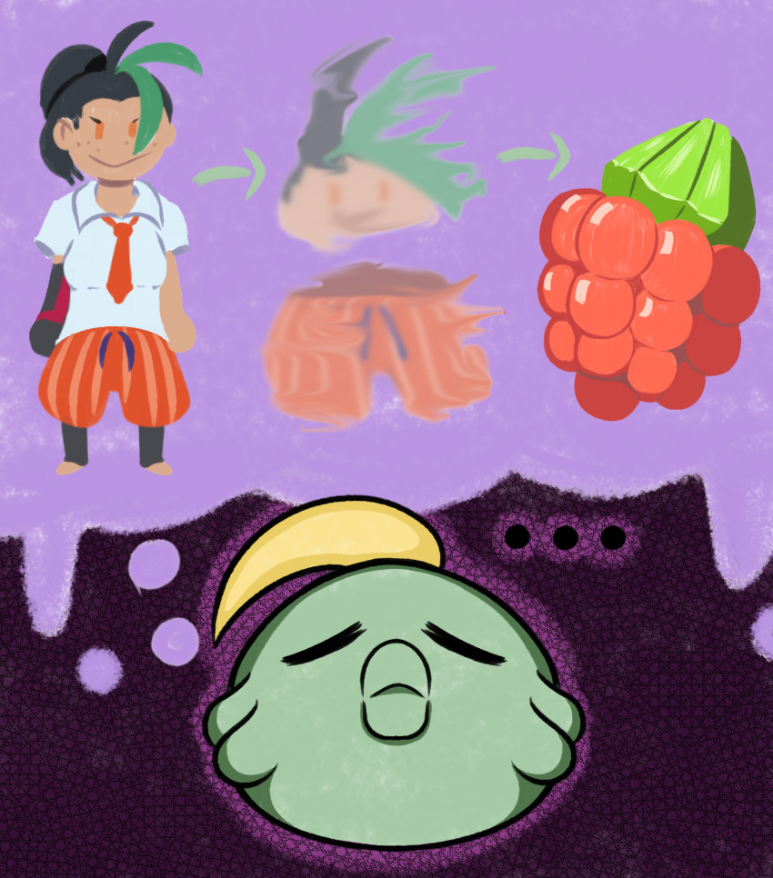 absurdres berry colored_skin game_freak gen_3_pokemon green_skin gulpin highres mintytoid nemona_(pokemon) nintendo pokemon pokemon_sv simple_background speech_bubble thought_bubble