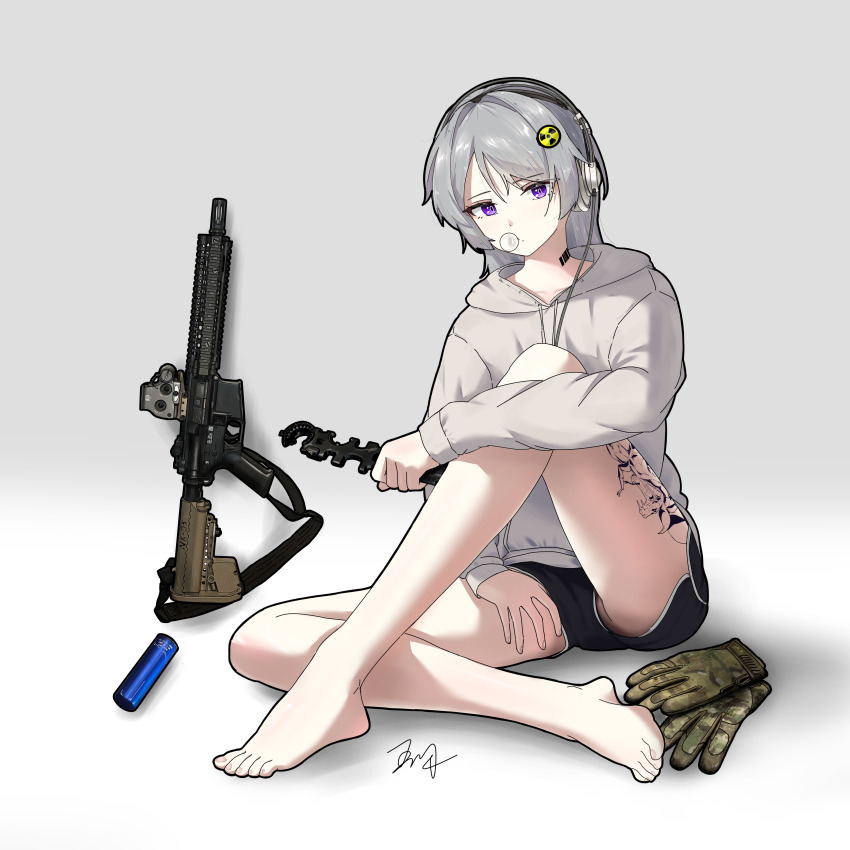 1girl absurdres ar-15 barcode barcode_tattoo barefoot black_shorts blowing_bubbles blue_eyes cable camouflage_gloves chewing_gum chinese_commentary collarbone drawstring eotech gloves grey_hair gun gun_sling hair_ornament hand_on_own_thigh headphones highres holding_tool hood hood_down hoodie long_sleeves medium_hair muzzle_device nail_polish original pink_nails radiation_symbol rifle shadow short_shorts shorts signature simple_background sitting solo swept_bangs tattoo thighs toenail_polish toenails toes unworn_gloves weapon white_background white_hoodie wuhe2233pz