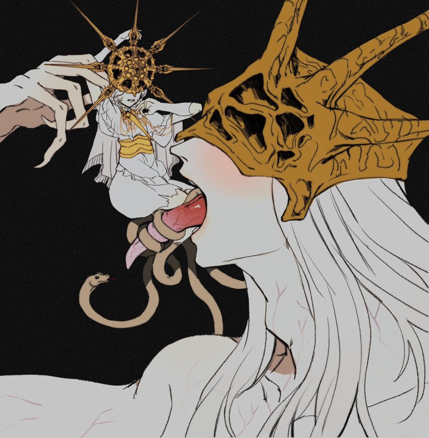 2boys aldrich_devourer_of_gods black_hair blush covered_eyes dark_souls_(series) dark_souls_iii dark_sun_gwyndolin dress giant hair_ornament helmet highres long_hair male_focus multiple_boys open_mouth simple_background snake spiked_helmet teeth tongue vore white_hair zunkome
