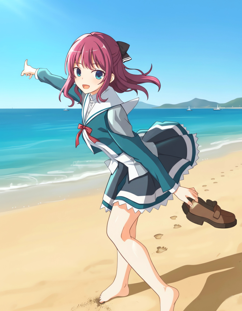 1girl :d alternate_costume barefoot beach blue_eyes bow bowtie chinese_commentary clear_sky commentary day dress frilled_dress frills full_body highres holding holding_shoes holding_unworn_clothes index_finger_raised loafers long_hair looking_at_viewer maniwa_roka meitoku mountain necktie ocean open_mouth outdoors outstretched_arm red_bow red_bowtie red_eyes red_necktie revision sailor_collar school_uniform senren_banka serafuku shoes sky smile solo standing unworn_shoes white_sailor_collar yacht