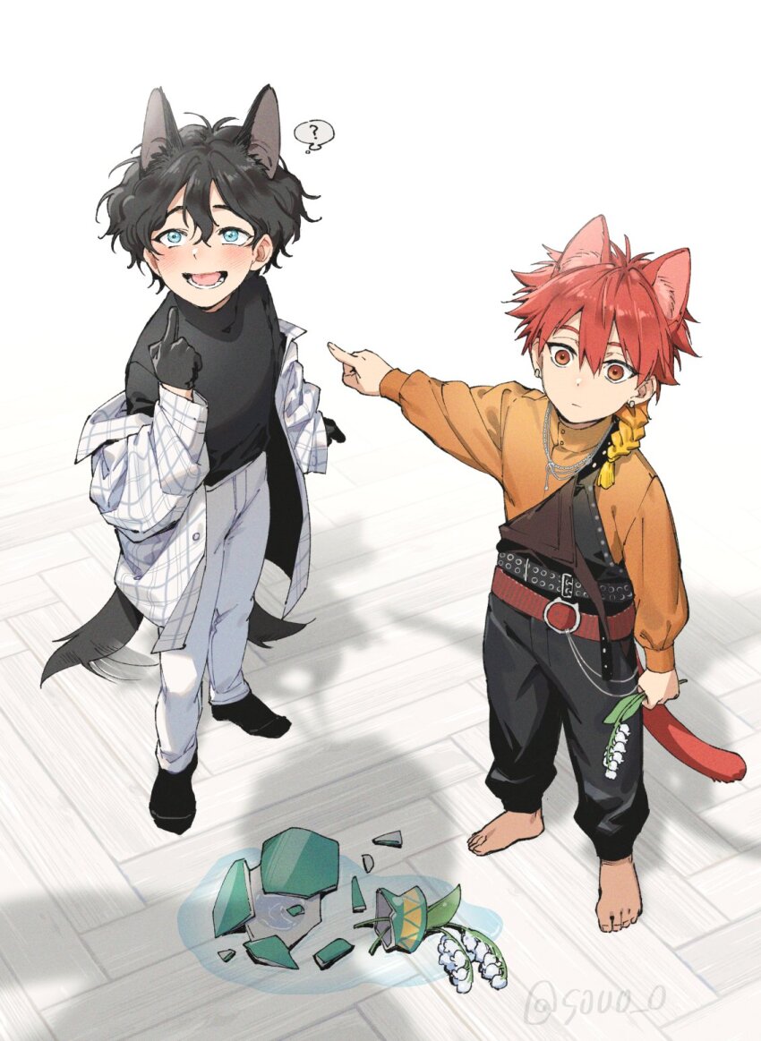 3boys animal_ears black_hair blush cat_ears cat_tail full_body gradient_hair highres jacket long_sleeves male_focus multicolored_hair multiple_boys pants pointing red_hair shadow shirt short_hair soul_(tamashii) suspenders sweater tail takiishi_chika teeth two-tone_hair white_pants wind_breaker_(nii_satoru) yamato_endo