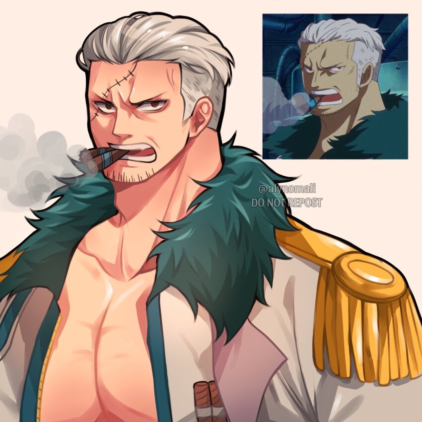 1boy alynomali bara facial_hair frown goatee_stubble highres holding holding_weapon large_pectorals looking_at_viewer male_focus muscular muscular_male one_piece pectoral_cleavage pectorals screenshot_inset short_hair sideburns_stubble smoker_(one_piece) solo sparse_stubble stitches stubble tsurime upper_body veiny_face weapon white_hair